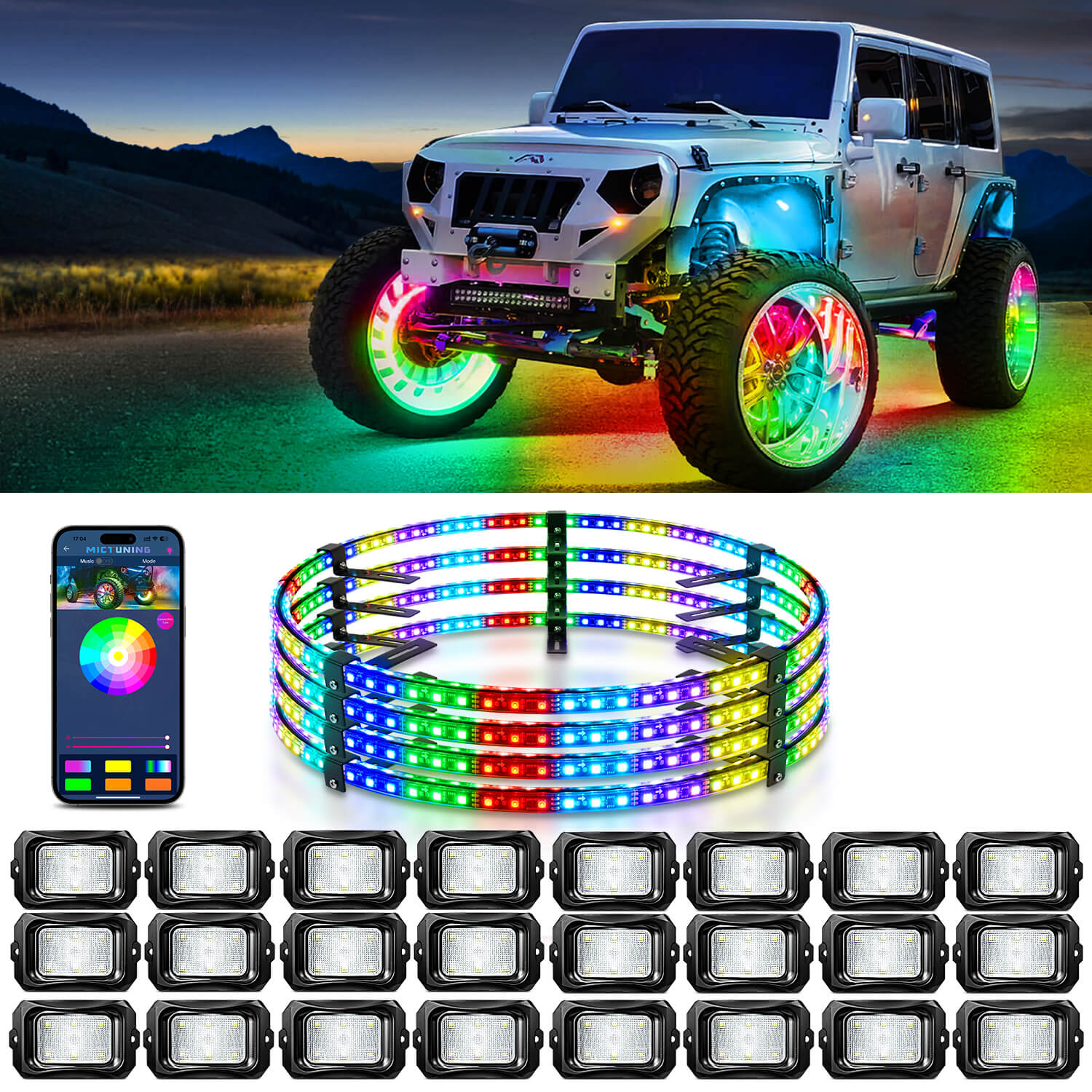 MICTUNING C2 RGB+IC LED Rock Lights with 15.5″/17″ V1 RGB + IC Wheel Ring  Lights